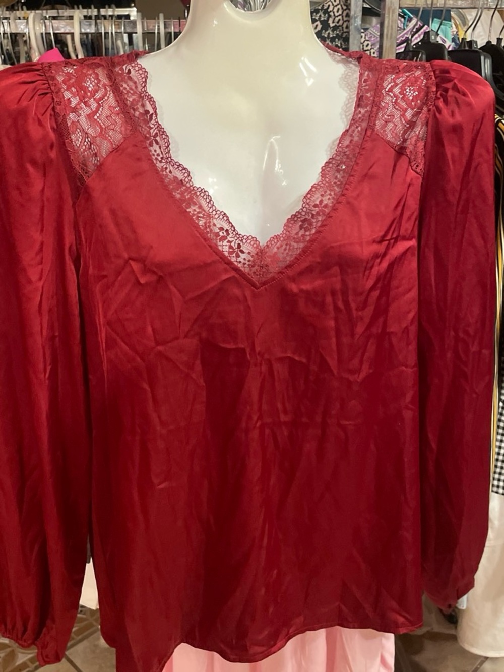 Women's Lace-Trim Satin blouse - burgundy